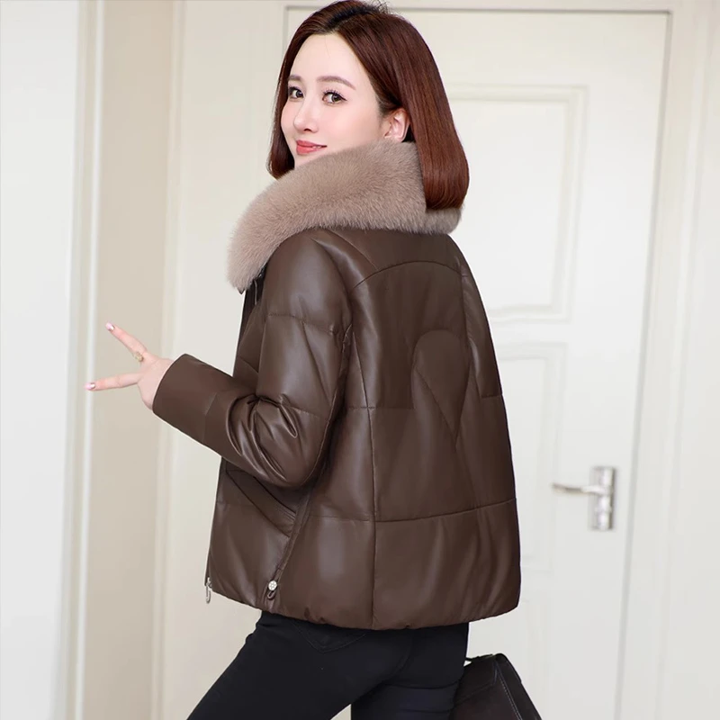 2025年冬季新款真皮羽绒服女短款狐狸毛领海宁皮草绵羊皮皮衣外套