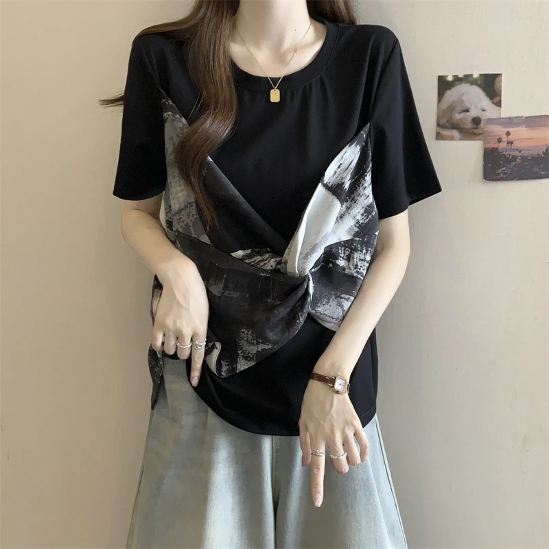 大码不规则扭结拼接假两件T恤女夏季胖mm设计感别致遮肉显瘦上衣