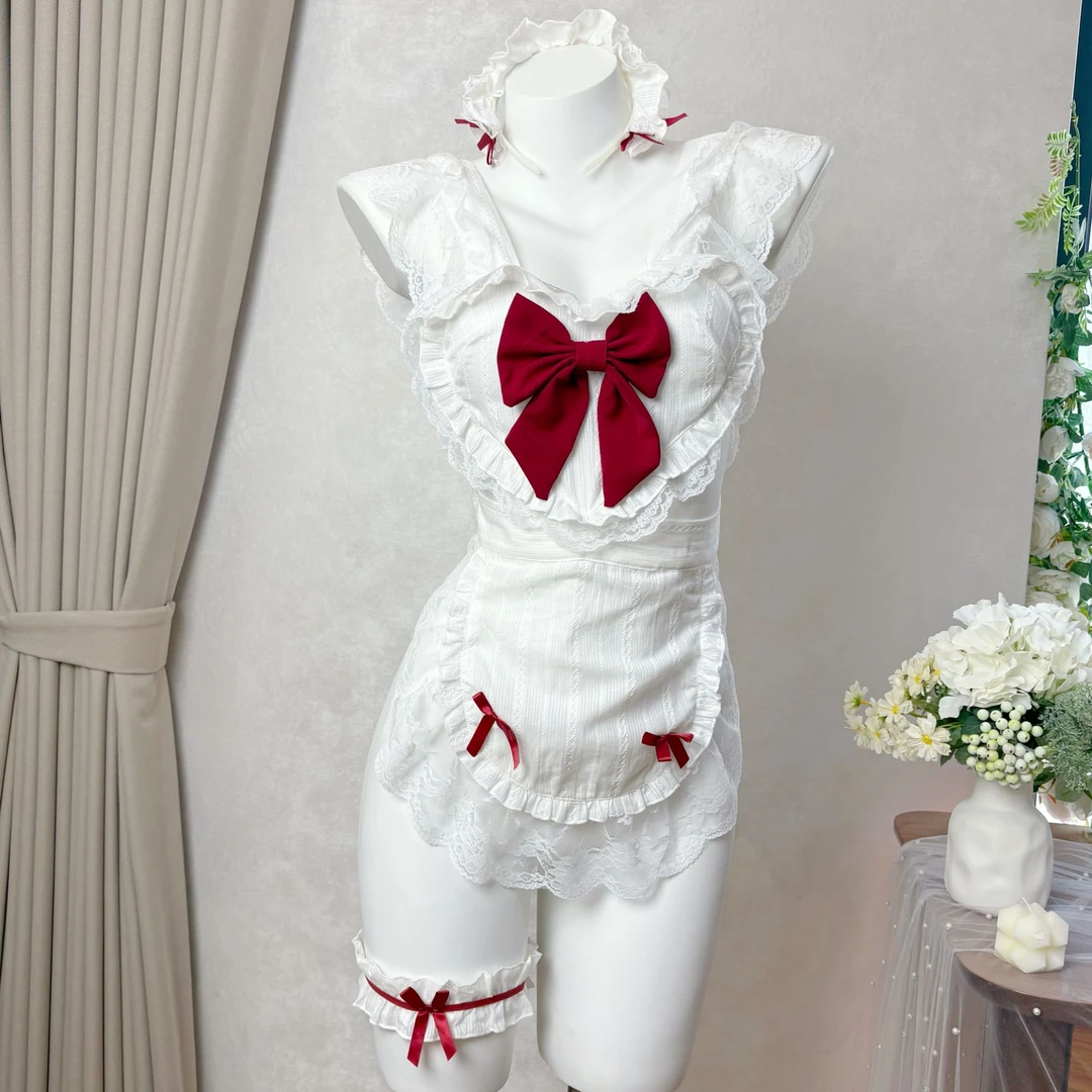 甜心糖果【80-190】性感可爱镂空小厨娘大码吊带睡裙蕾丝收腰蝴蝶结