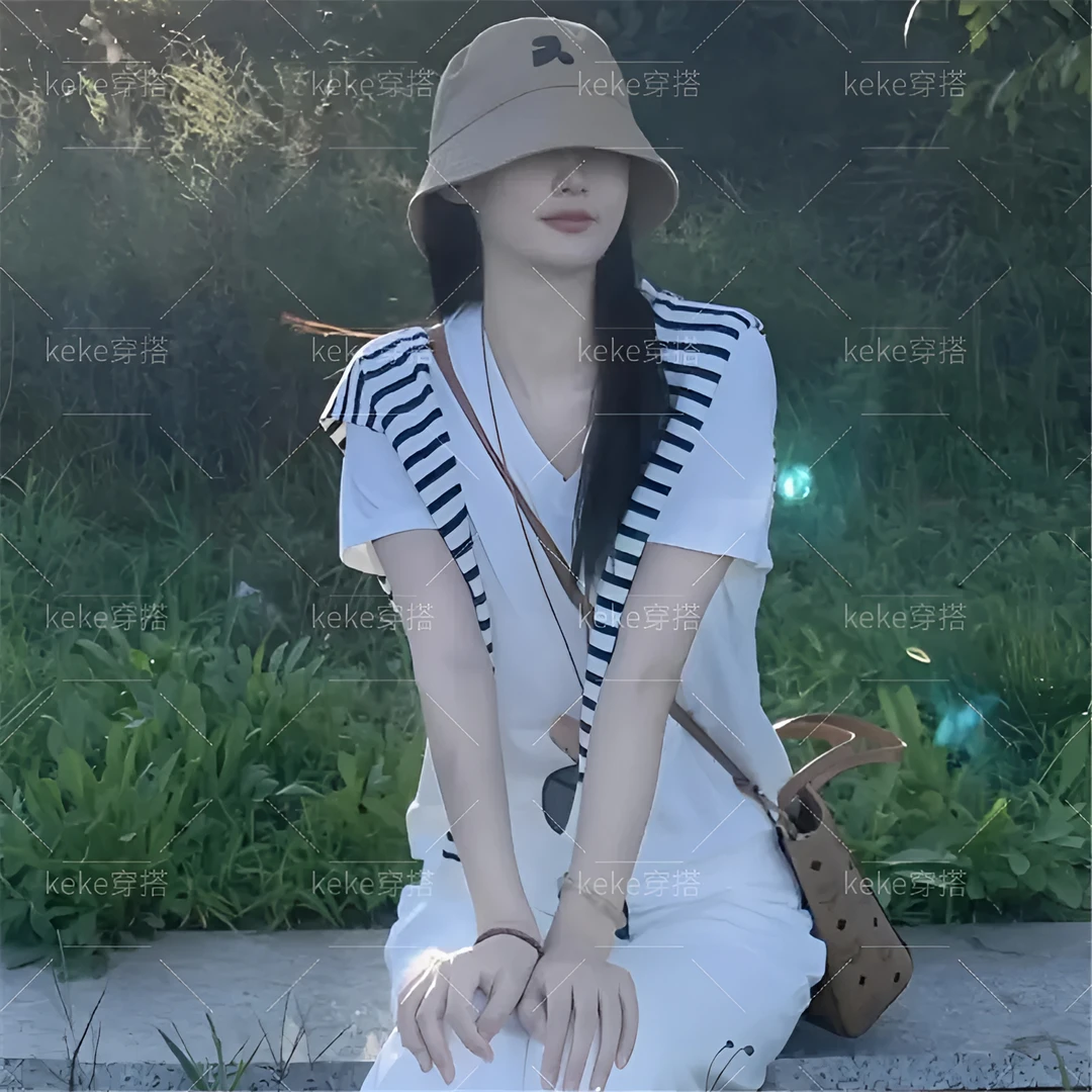 白色v领两件短袖T恤披肩女夏季宽松休闲海军领正肩上衣显瘦2025潮