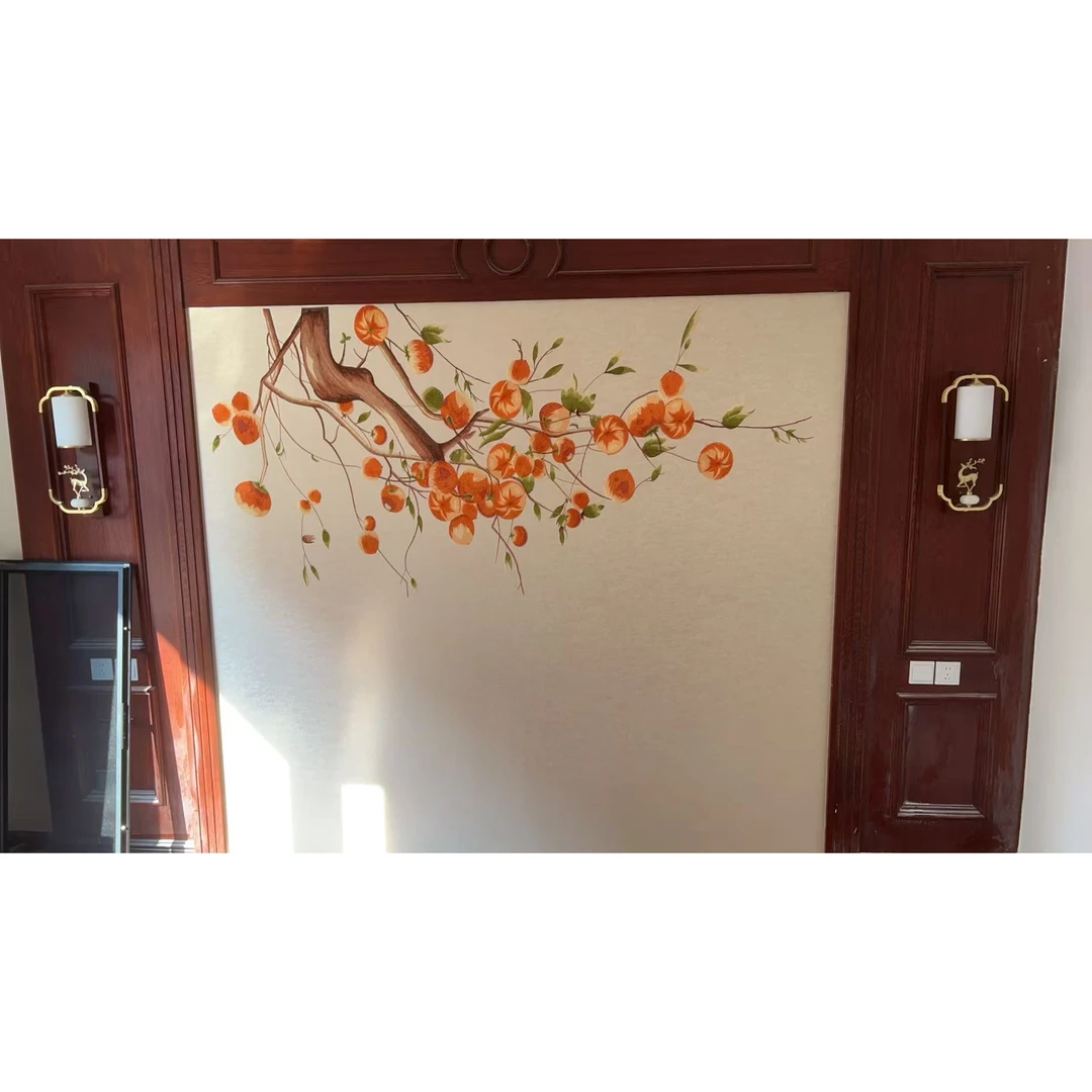 新中式刺绣工艺背景墙花鸟系列黄色柿柿如意背景墙尺寸可定制