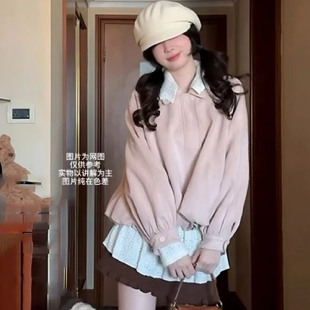 2025秋季新款大码女装韩系学院甜美风花苞外套+蕾丝边打底上衣