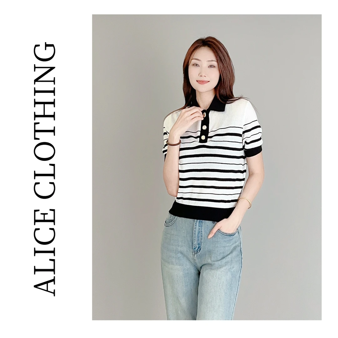 5ALICE“棉中名流”针织衫新疆长绒棉优雅条纹S1033336G