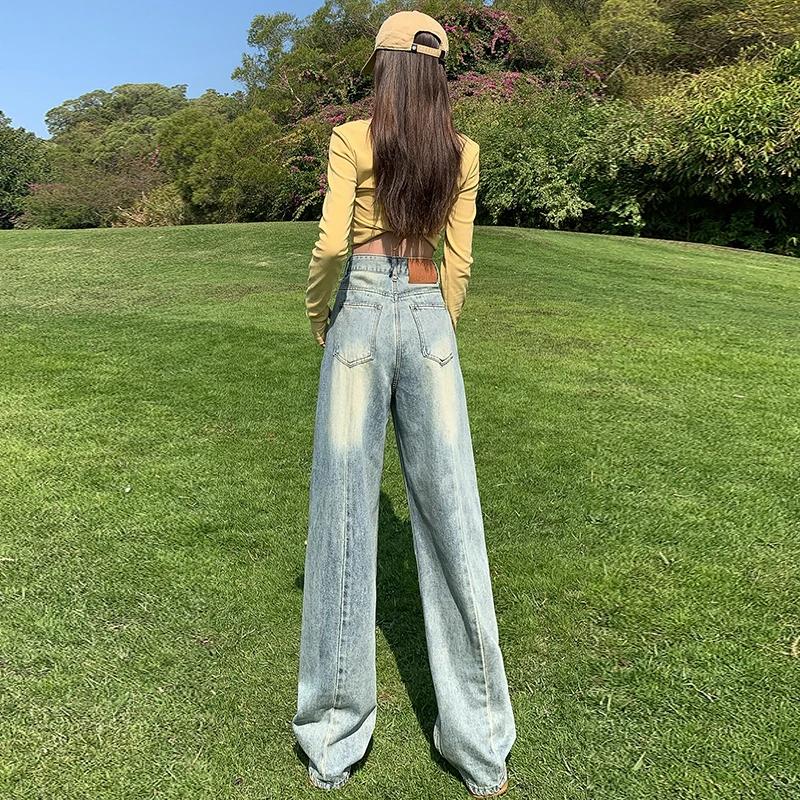 早秋新款浅色阔腿高腰牛仔裤女美式高街显瘦辣妹拖地宽松直筒裤子