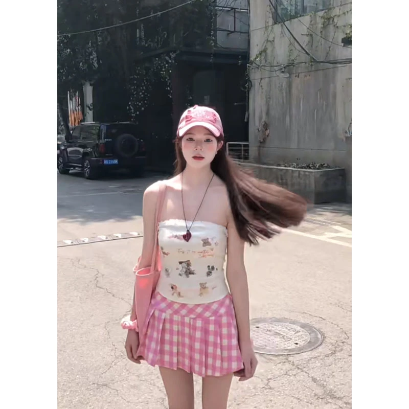 夏季新款印花美式复古甜心辣妹显瘦抹胸上衣高腰百搭格子百褶短裙