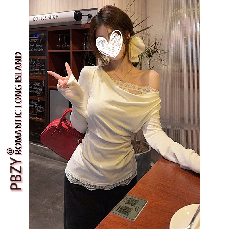 2025蕾丝花边长袖打底t恤女春季设计感纯欲斜肩拼接上衣 8940#