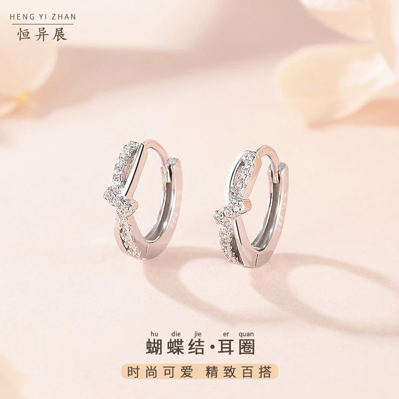 足银耳饰 999足银锆石镶钻蝴蝶结耳环女微镶锆石耳饰镶钻珠宝饰品