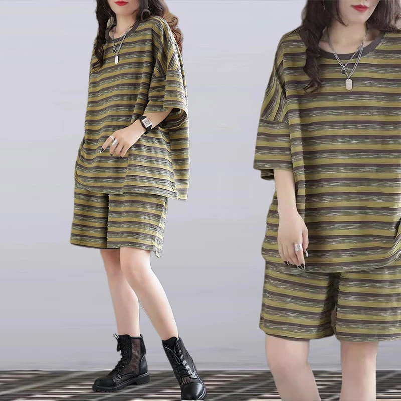 睡衣女夏季两件套宽松条纹胖mm加肥大码裤套装休闲运动家居服潮