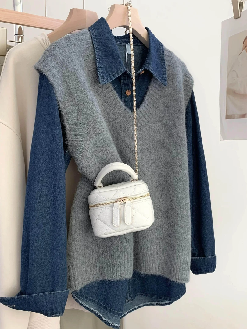 韩系学院风v领毛衣马甲女春秋季衬衫衬衣搭配针织背心叠穿两件套