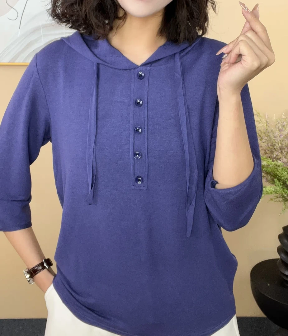 洋气妈妈装弹力上衣T恤女春夏新款连帽七分袖宽松百搭休闲