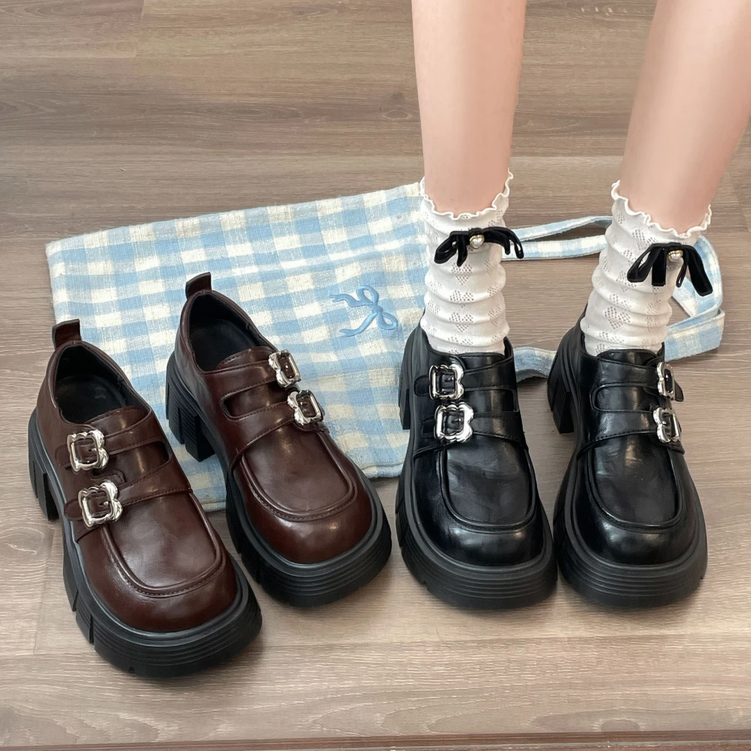 南在南方黑色复古增高厚底小皮鞋女2025新款春秋粗跟玛丽珍单鞋子