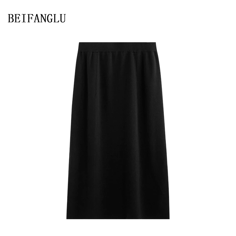 北方鹿 软糯糯针织半身裙女秋冬新款中长款松紧腰直筒裙半裙1593B