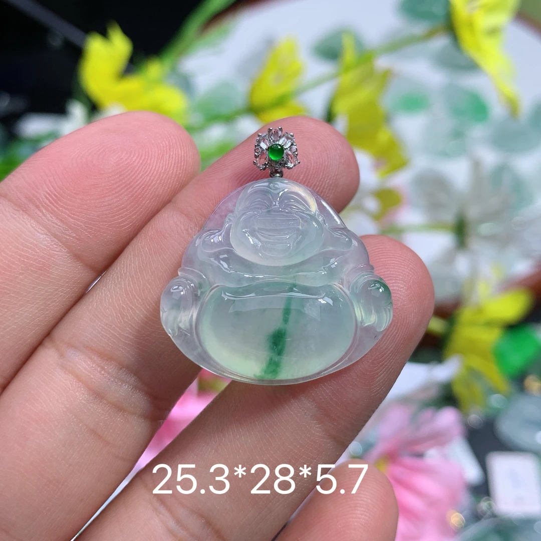 缅甸天然翡翠A货冰种飘花佛公吊坠路雕刻轻奢时尚气质精美精致