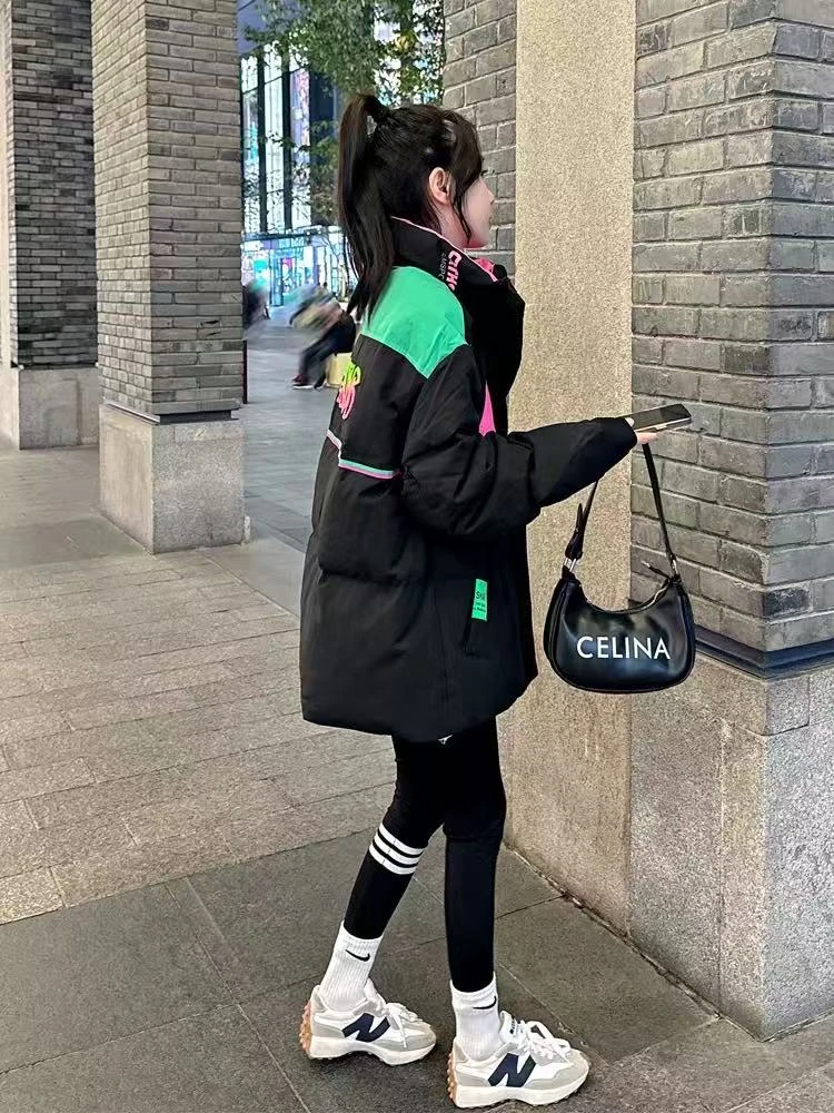 欧货拼接立领黑色好看女短款2024冬季新款小个子加厚冲锋衣羽绒服