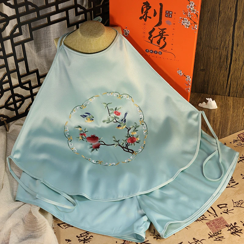 苏绣刺绣成品真丝女成人肚兜复古中国风内衣丝绸女士吊带肚兜套装