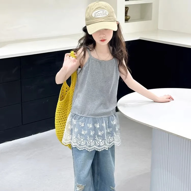 夏季女童吊带蕾丝裙背心上衣2025新款中大童洋气吊带T恤小背心潮