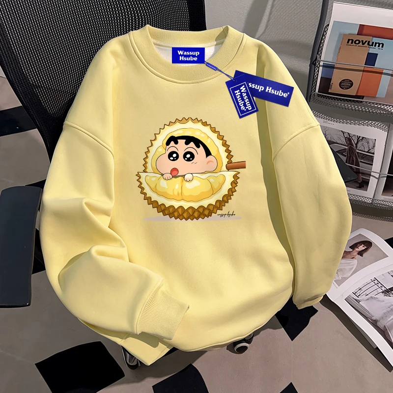 WASSUP HSUBE奶黄色蜡笔小新情侣圆领卫衣秋冬加绒百搭休闲上衣服