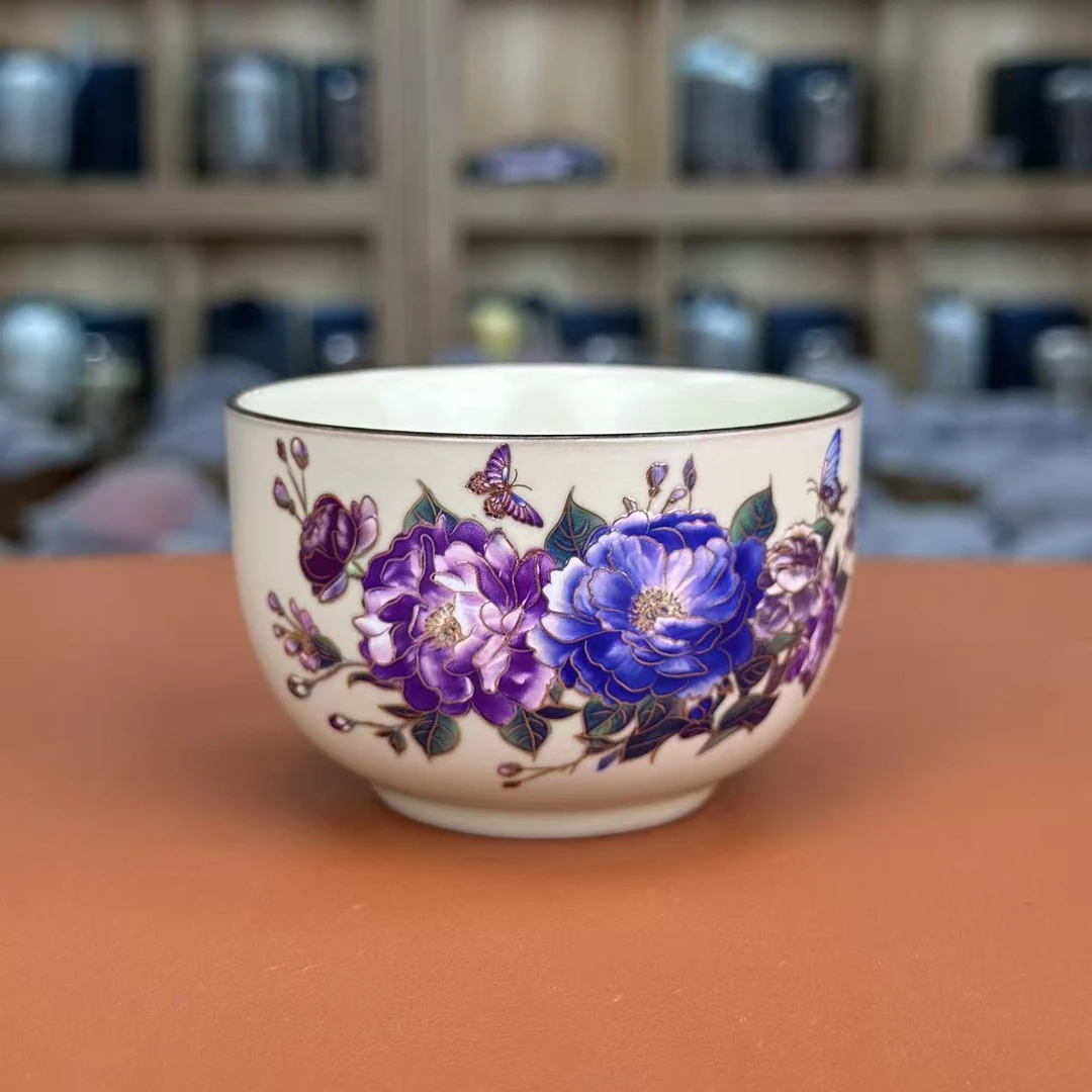 当代汝窑【黄】双紫花-缸杯茶杯陶瓷开片可养罗汉杯1024