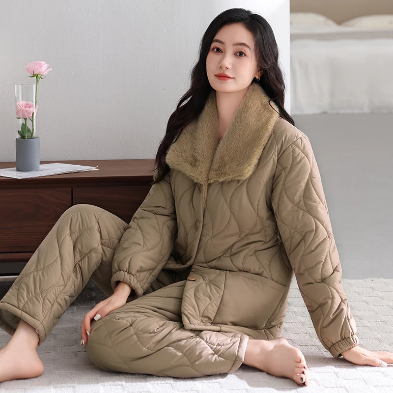 高档睡衣女冬季加绒加厚仿羽绒保暖防寒可外穿女士三层夹棉家居服
