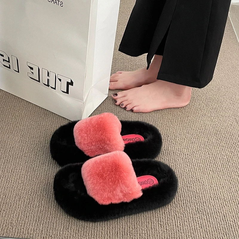 外穿厚底双色毛毛拖鞋女秋冬款毛绒室内可爱居家懒人一字棉拖鞋潮
