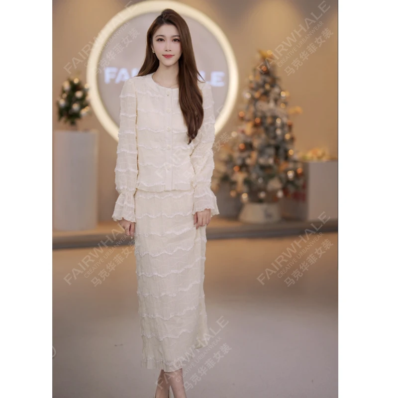 马克华菲女装春秋圆领气质绣花蕾丝套装小衫半身裙两件套千金时尚