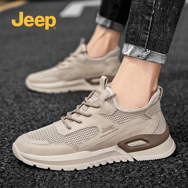 Jeep吉普男鞋真皮网面透气运动鞋2025春夏新款户外厚底耐磨徒步鞋