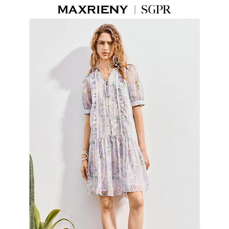 【商场同款】MAXRIENY优雅度假风蕾丝拼接印花连衣裙25夏款茶歇裙