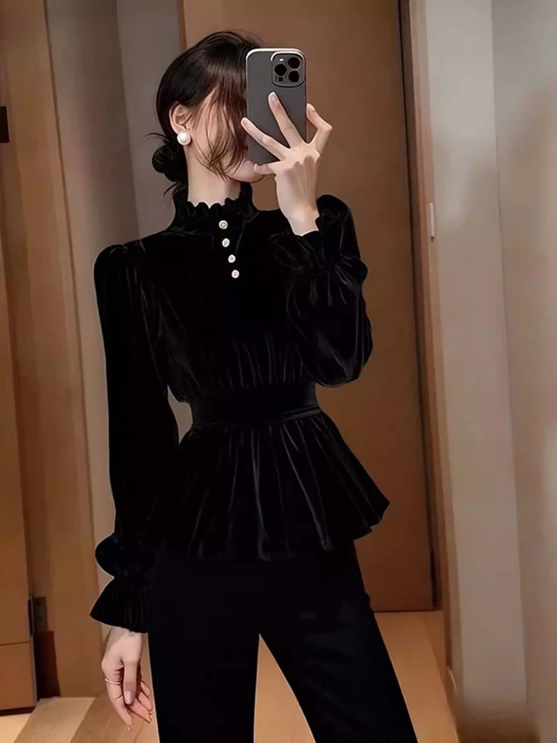 黑色丝绒衬衫2026冬季独特漂亮重要场合气质名媛高级感收腰上衣女
