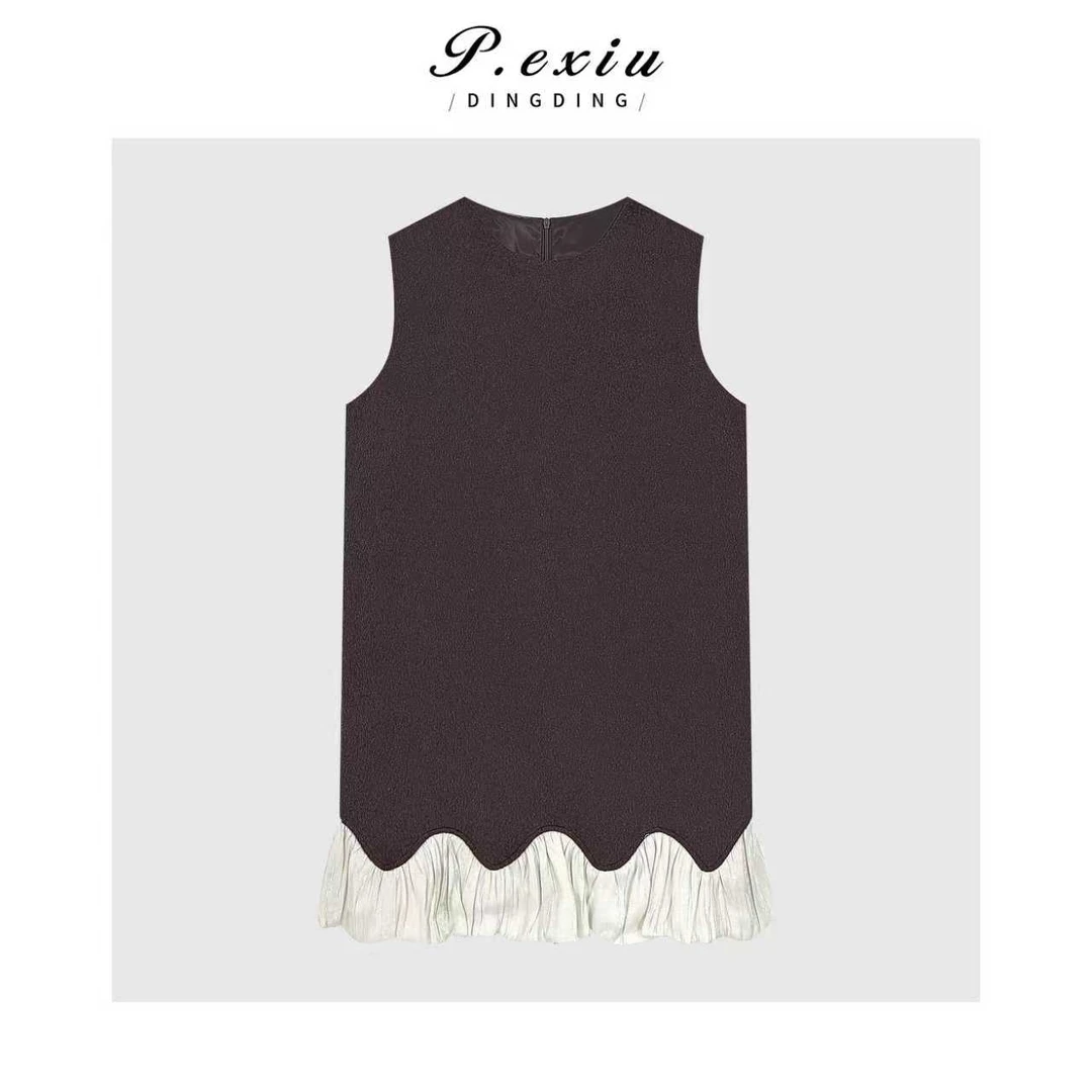 澳洲羊毛法式气质拼接波浪下摆无袖连衣裙 M9190