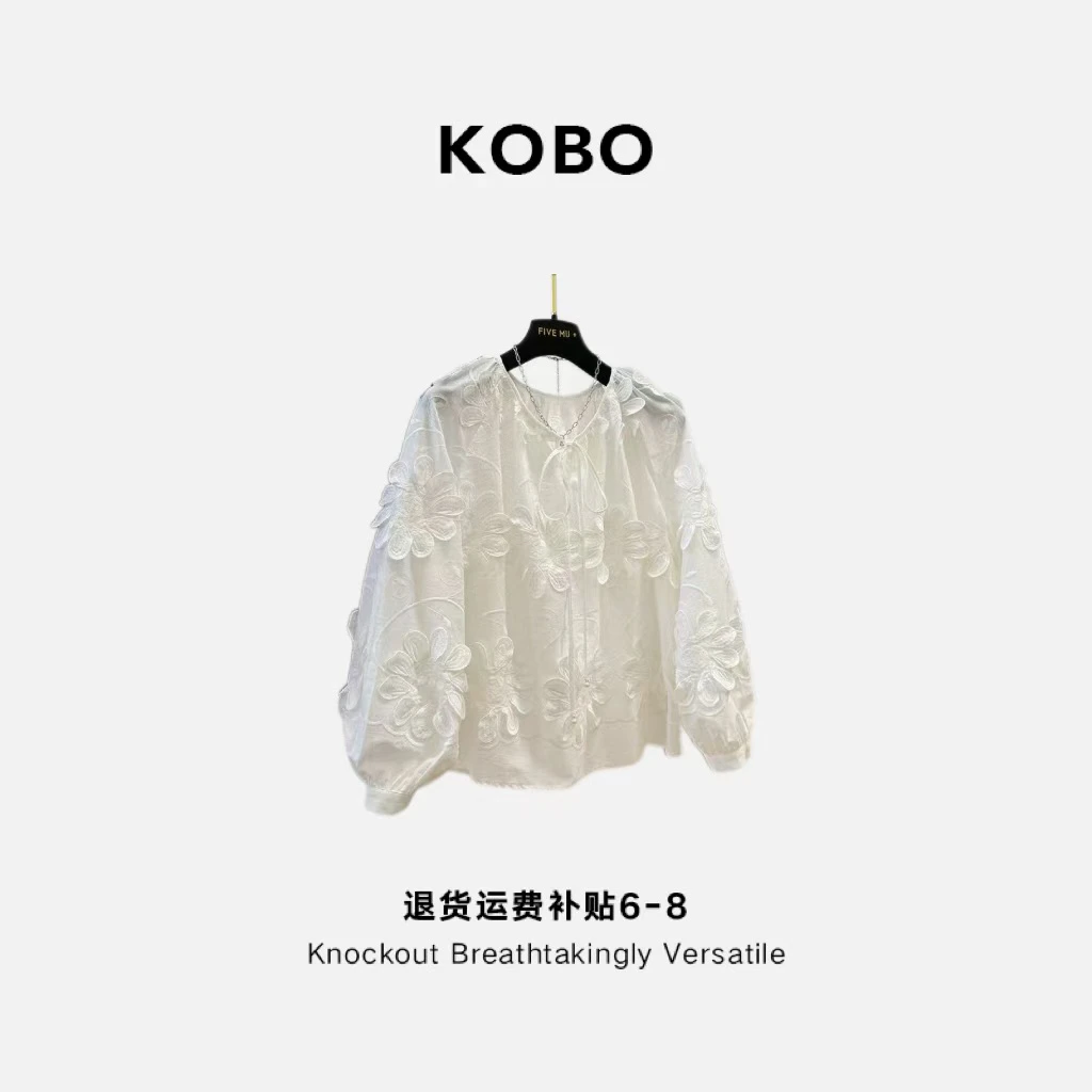 设计感立体花朵系带长袖衬衫宽松棉质透气衬衣洋气百搭