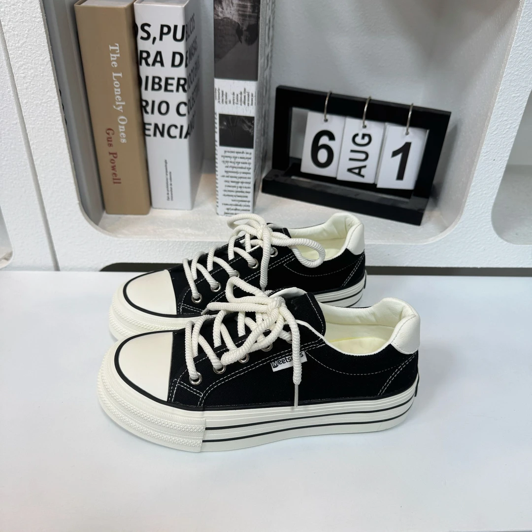 L2402 黑色 厚底帆布松糕鞋2025新款韩版休闲百搭透气时尚板鞋