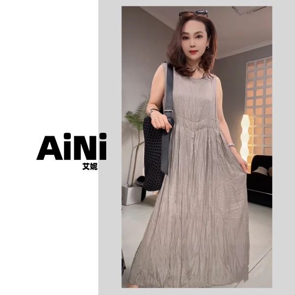 《艾妮家》妮自留褶皱椰岛丝无袖后腰抽绳连衣裙1815