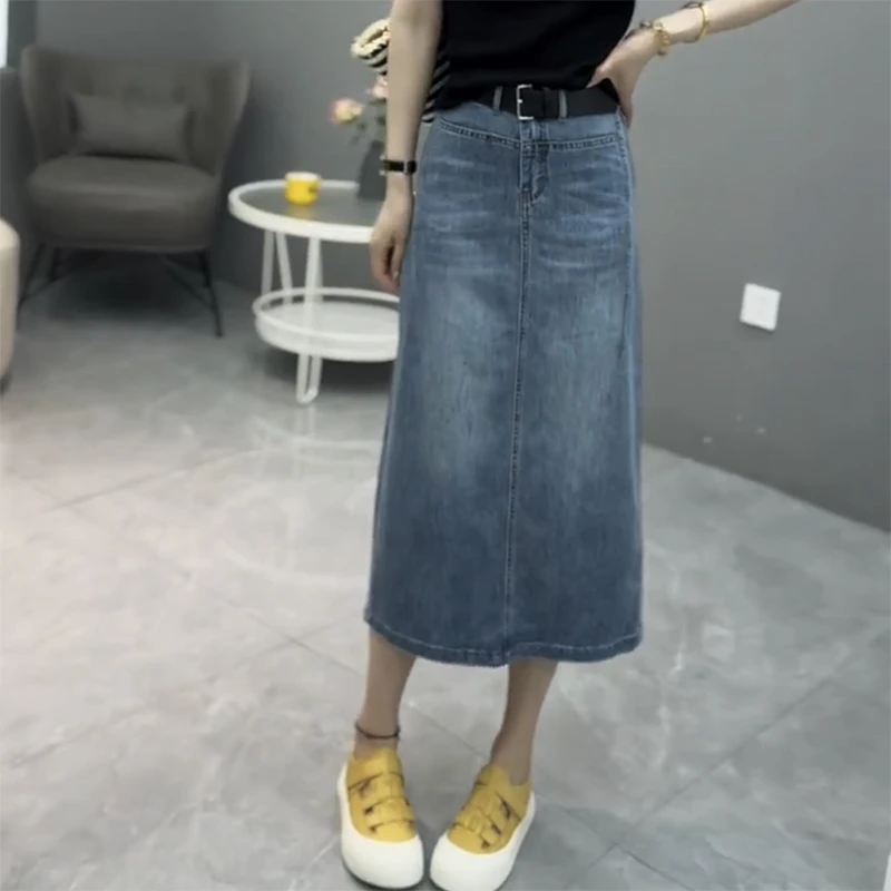 2025年新款大码中长款洋气牛仔半身裙女夏季薄款显瘦高腰过膝裙子