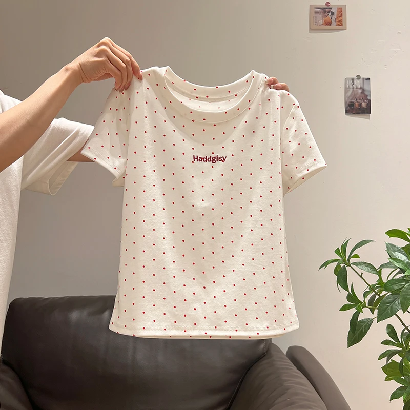 韩系白色波点圆领正肩短袖t恤女2025新款夏季修身短款小上衣