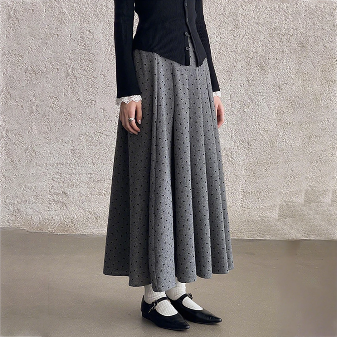 灰色波点高腰显瘦大码半身裙女秋季款梨形身材宽松百搭遮胯百褶裙
