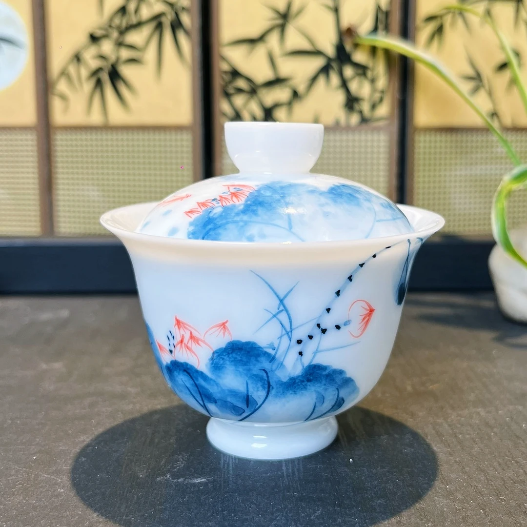 满容约100ml冰种荷花鱼二才小盖碗【赠1客杯】40cc