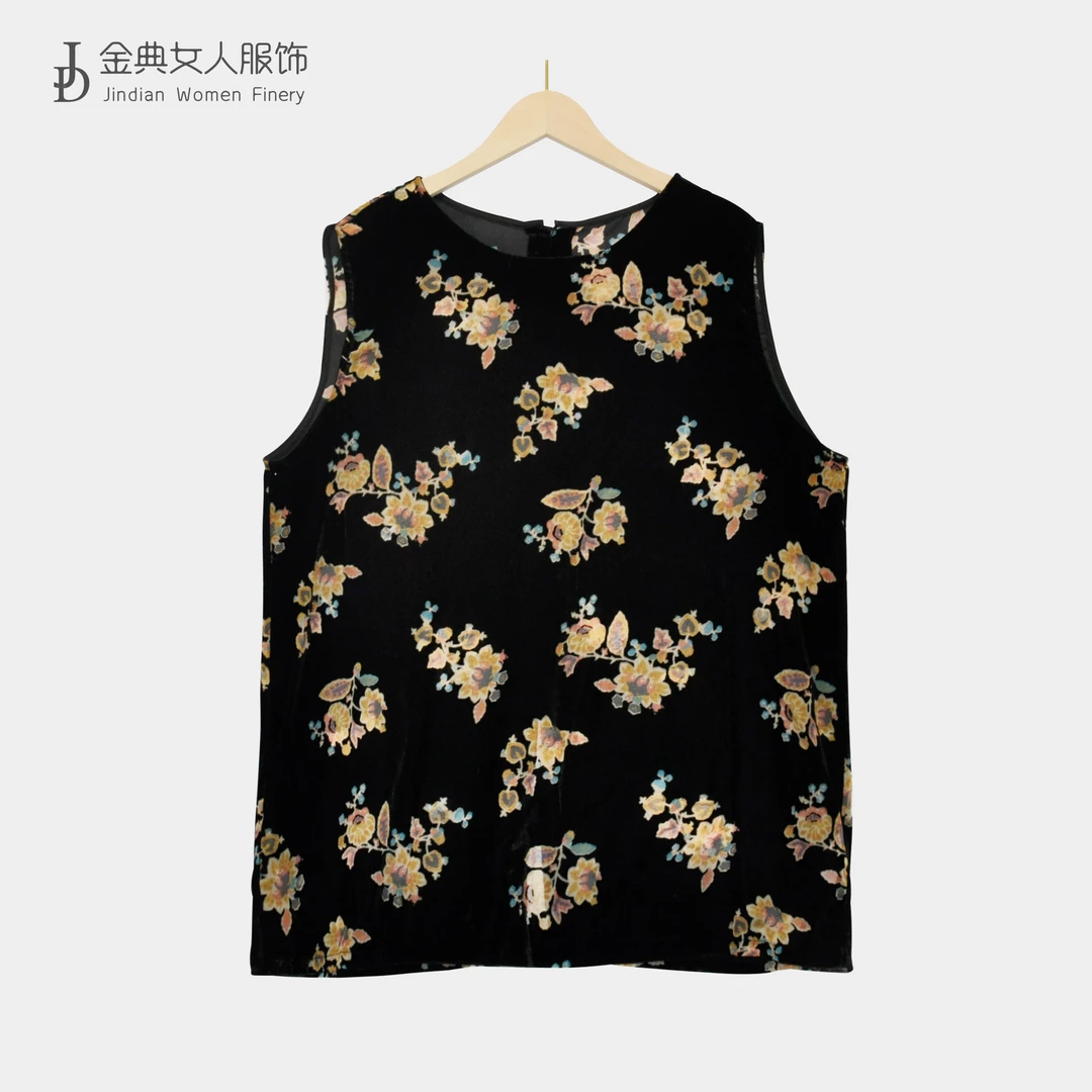 【金典女人服饰】夏季气质国风印花丝绒女T恤     轻奢显瘦上衣1256