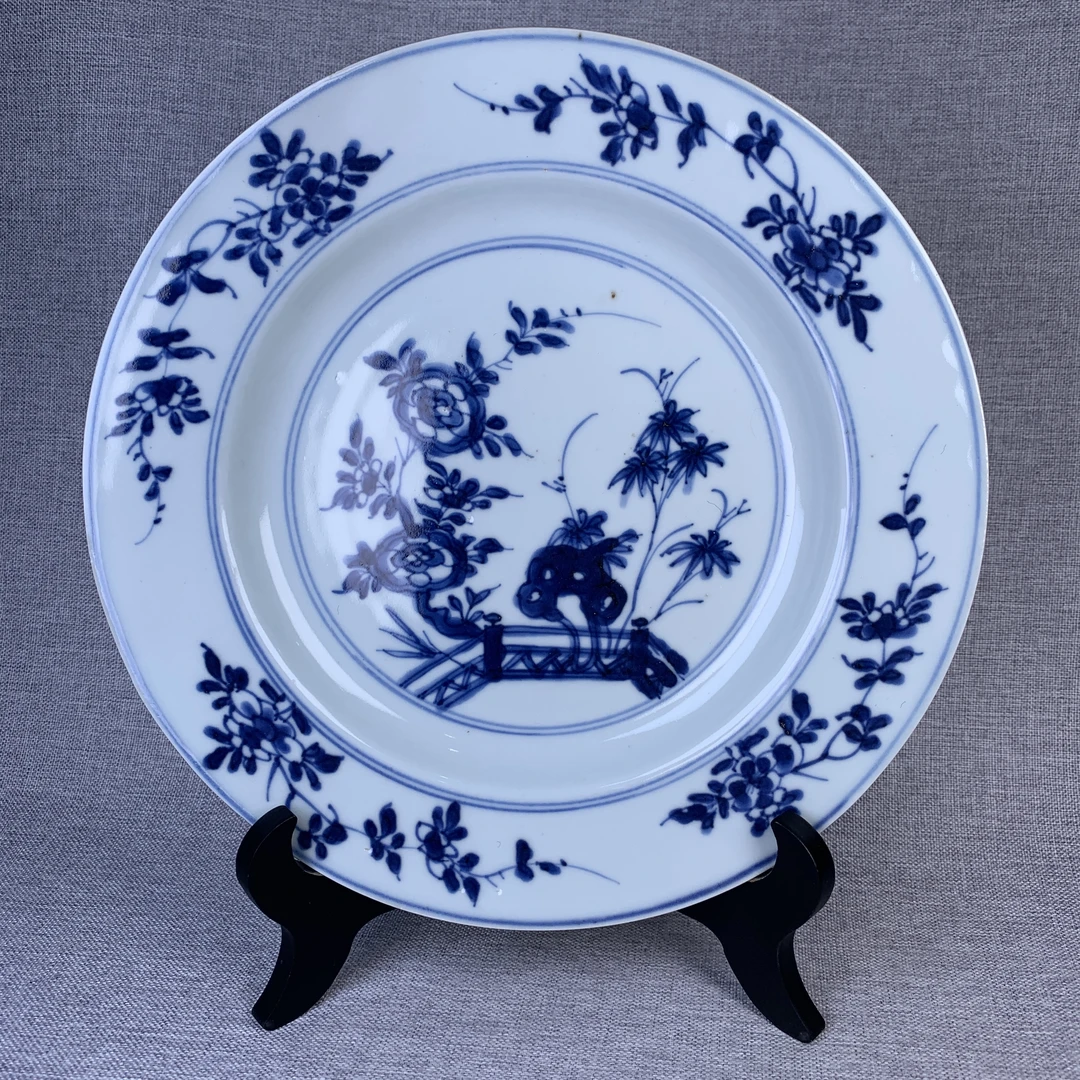 清代青花庭院花卉盘古瓷器真品国营镇江市文物商店库出5128035