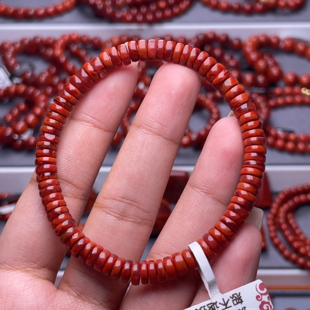 南红玛瑙未镶嵌其他高品6.2mm瓦西牛血火焰纹药片手串