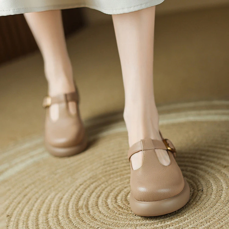 4CM 2025年春秋新款单鞋粗跟圆头中跟百搭真皮复古厚底女鞋