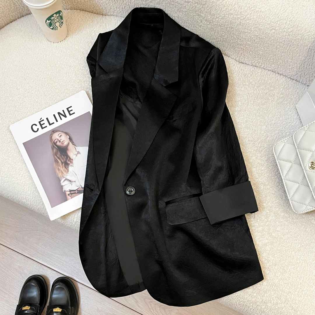 culv黑色高级质感醋酸西装外套女薄款夏季新款休闲显瘦垂感小西服
