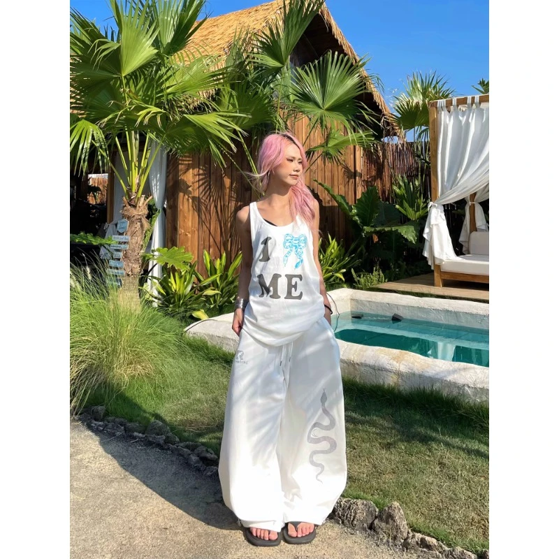 美式复古烫钻蛇纹印花休闲裤男女同款百搭设计感街头宽松运动长裤