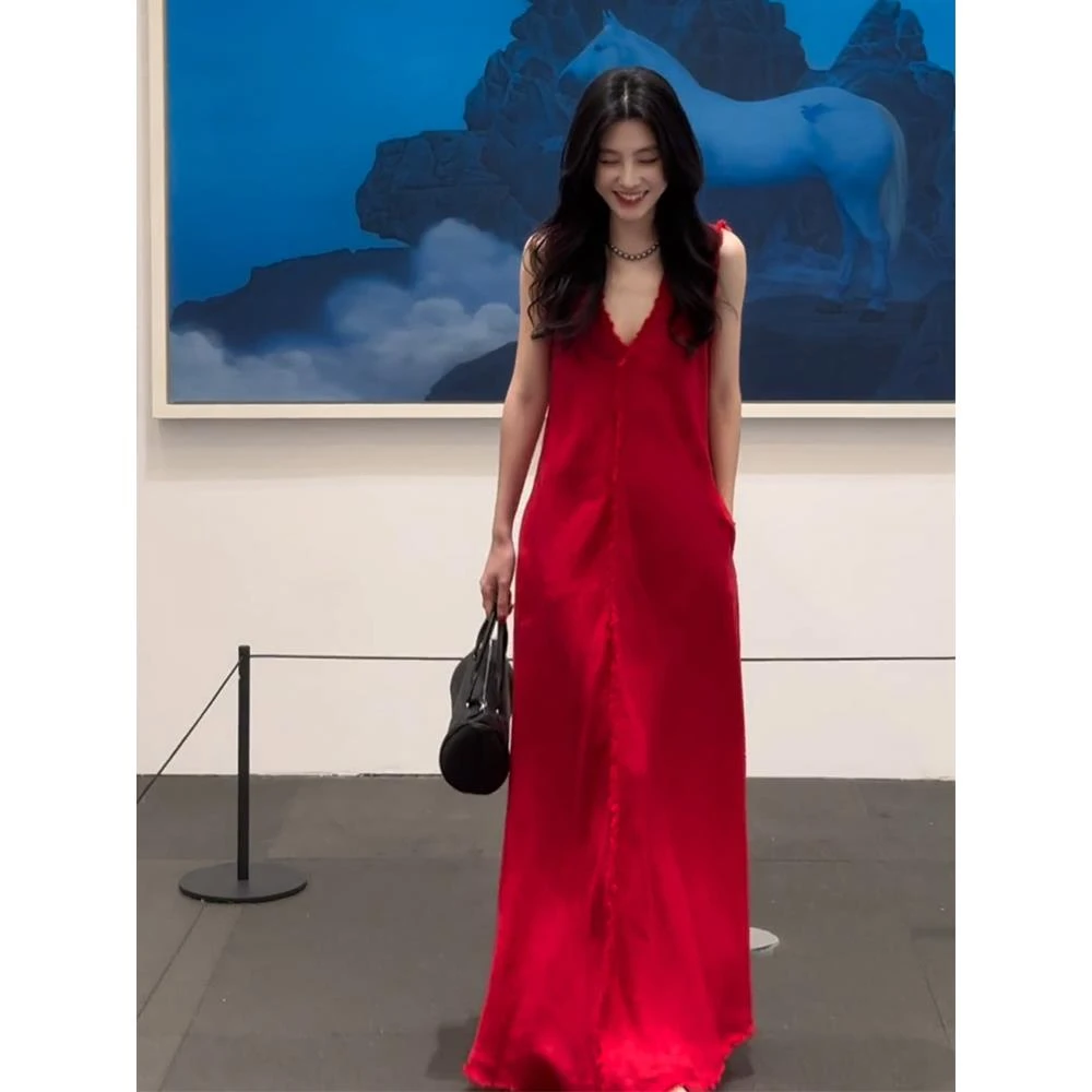 夏季大方得体法式名媛气质女神范简约高智感超火红色吊带连衣裙女