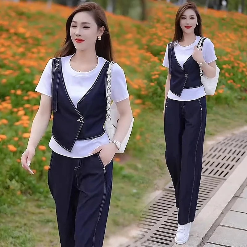 时尚休闲套装女2025夏季新款洋气显瘦假两件短袖T恤阔腿裤两件套