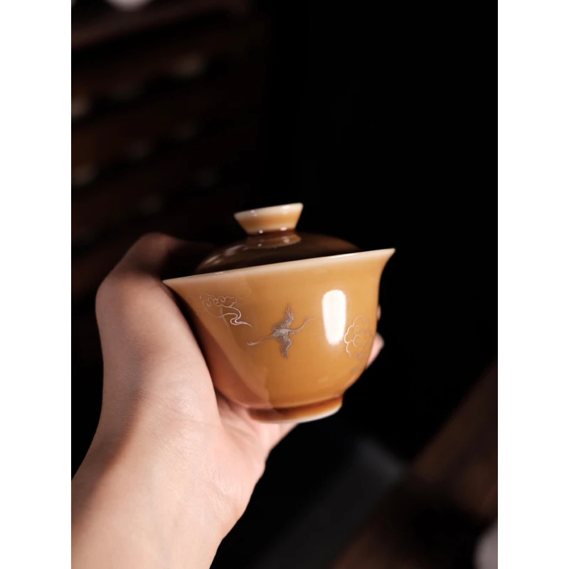 【手绘系列】鎏银手绘仙鹤盖碗茶杯功夫茶具单杯品茗杯主人杯