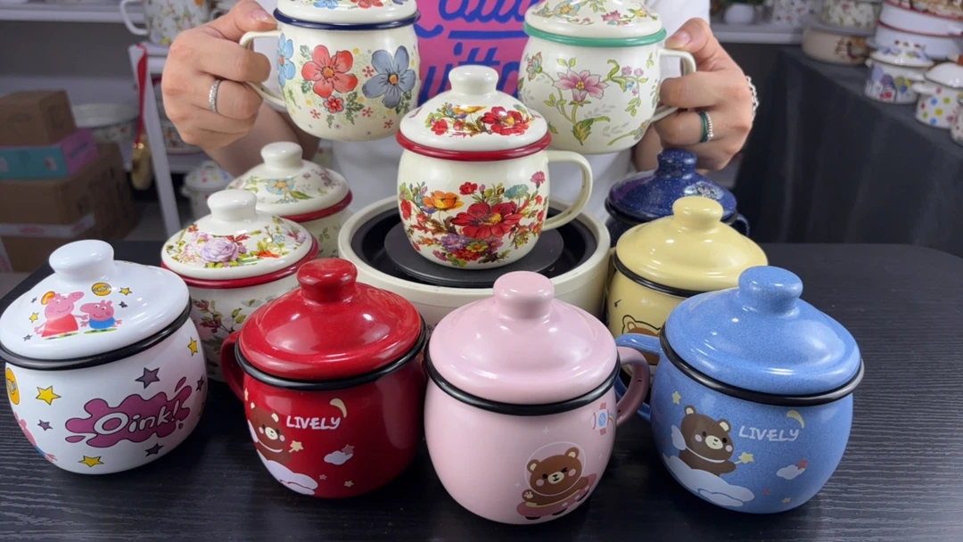 盖子款珐琅搪瓷杯8cm牛奶杯卡通家用INS风可爱咖啡杯马克杯带盖