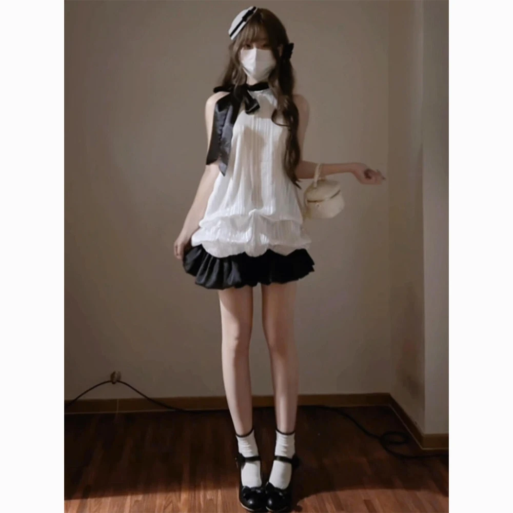 超好看千金风时尚洋气衣服女甜美挂脖花苞连衣裙蝴蝶结拼接短裙