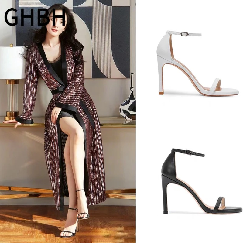 【杨幂同款】黑色一字带凉鞋2025年款夏季时装罗马法式高跟鞋女细跟