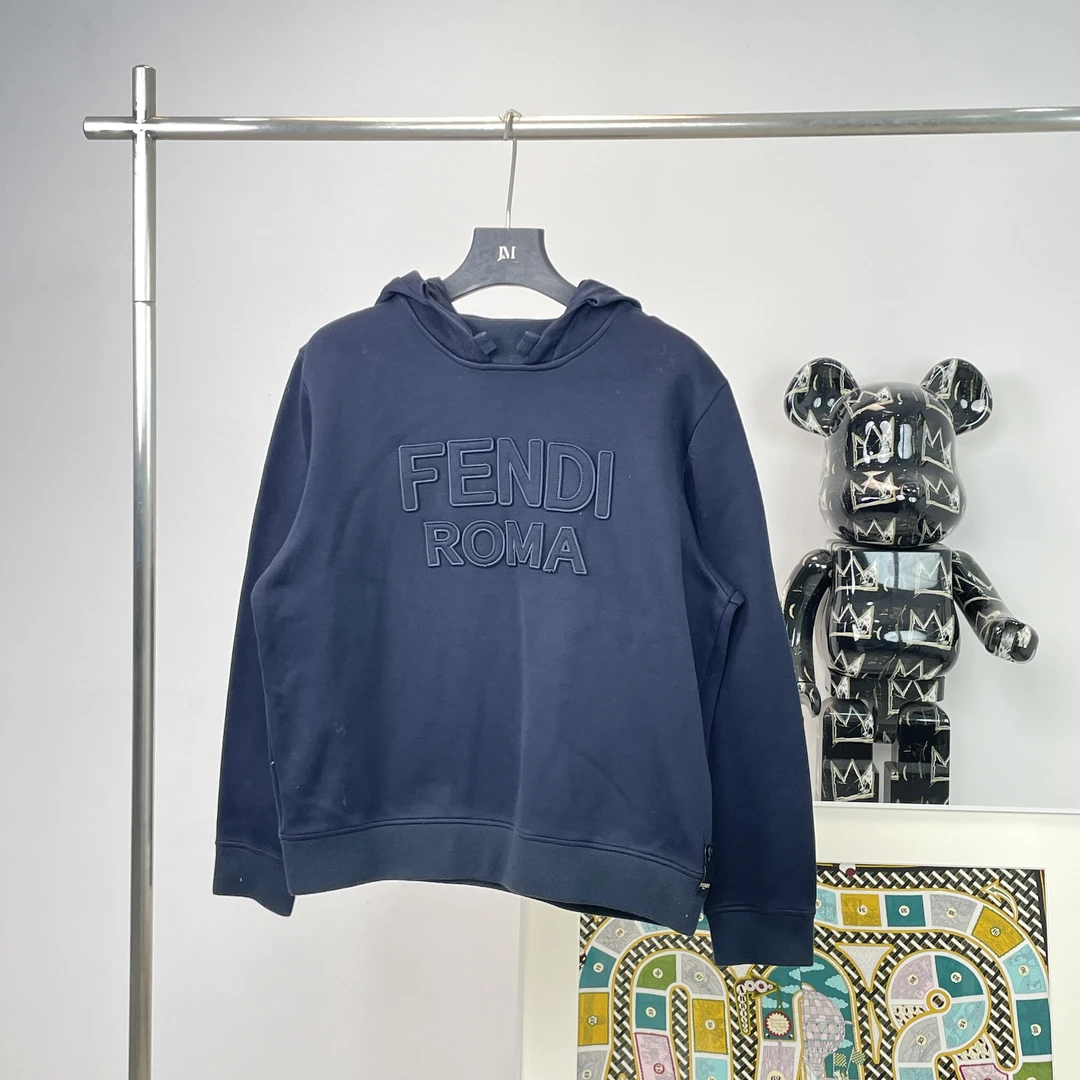 99新 FENDI/芬迪  1433/FENDI 深蓝色Logo刺绣连帽卫衣/M码/98新