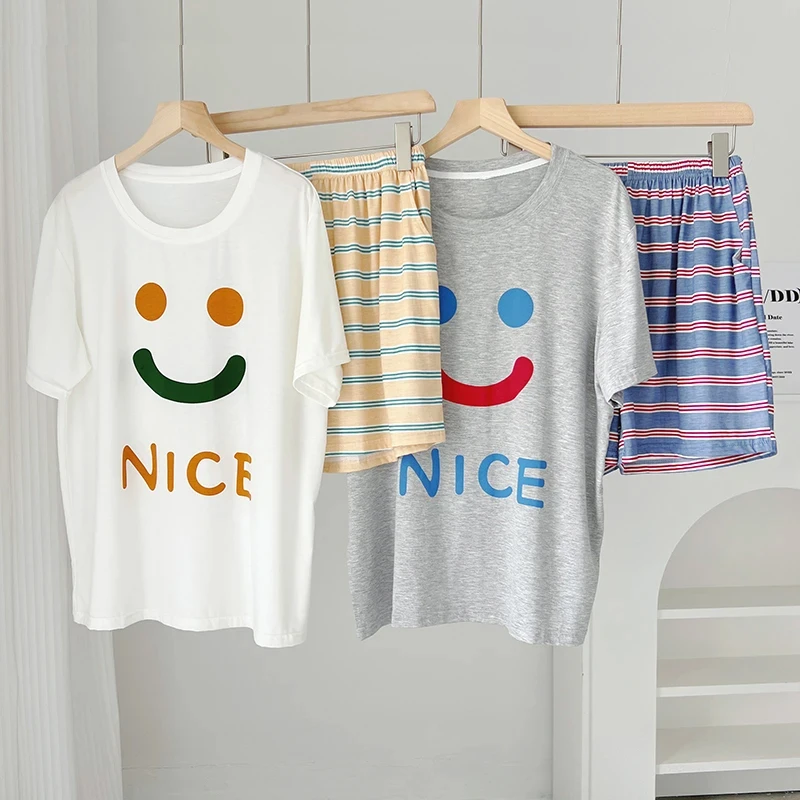 可爱笑脸睡衣女夏季休闲宽松薄款圆领短袖短裤甜美两件套家居服